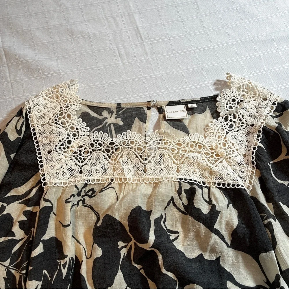 Zac & Rachel Boho Cottagecore Black and Cream Floral Blouse Crochet Details L - Picture 5 of 9